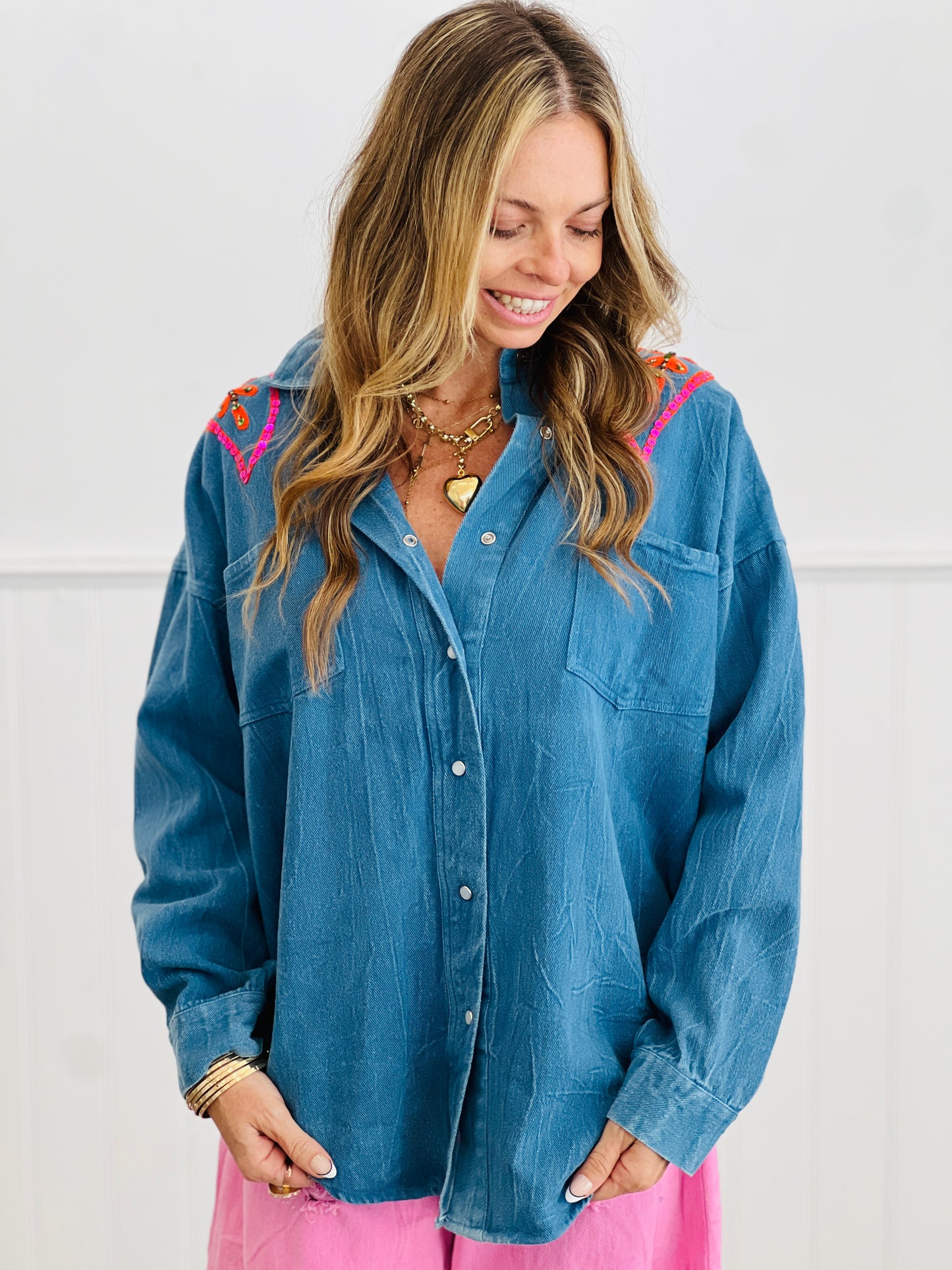 Lt Denim Floral Sequin Embroidered Button Up Top (One Size)
