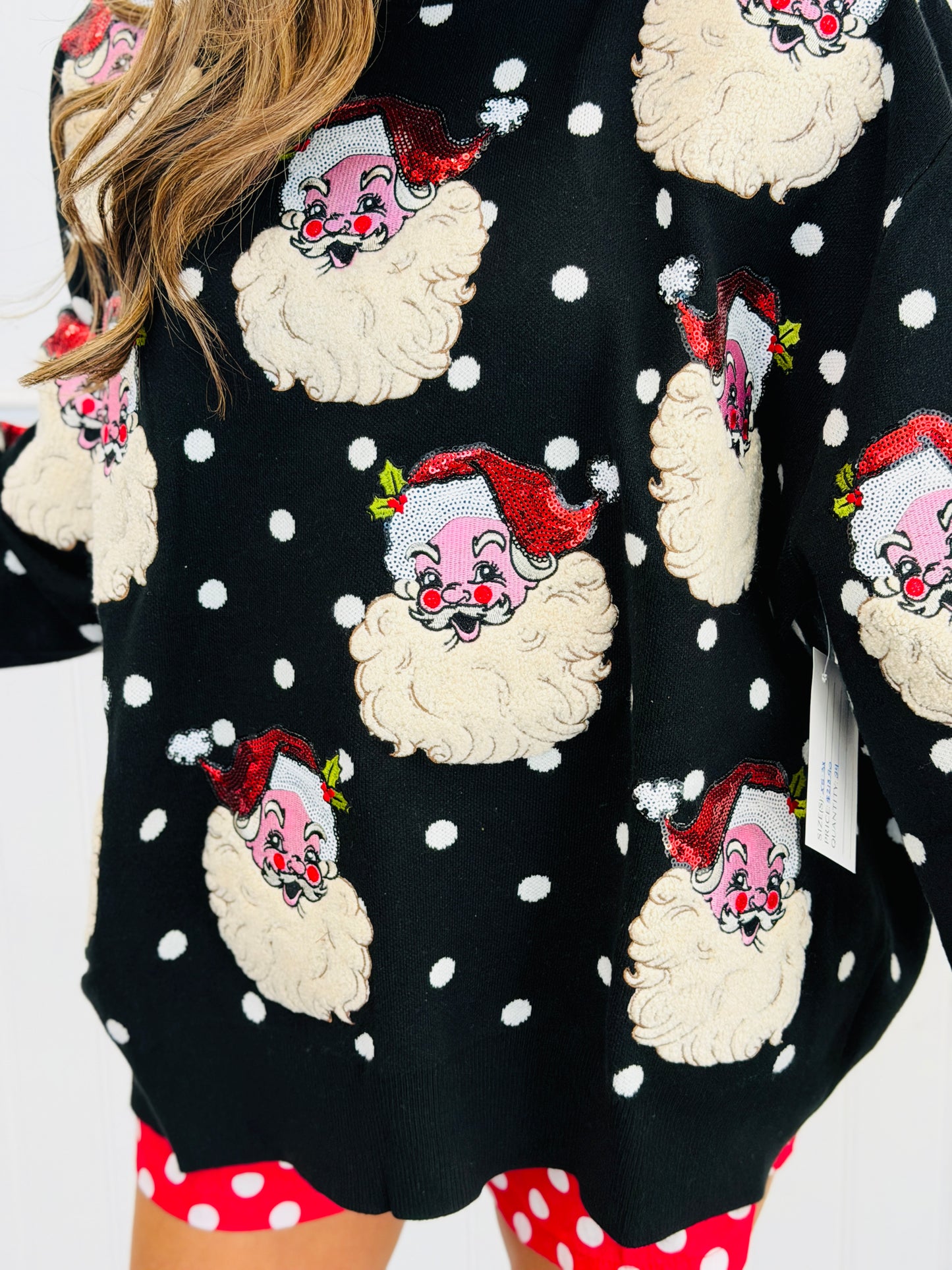 Queen Of Sparkles Black & White Polka Dot Santa Sweater (Reg. & Plus)
