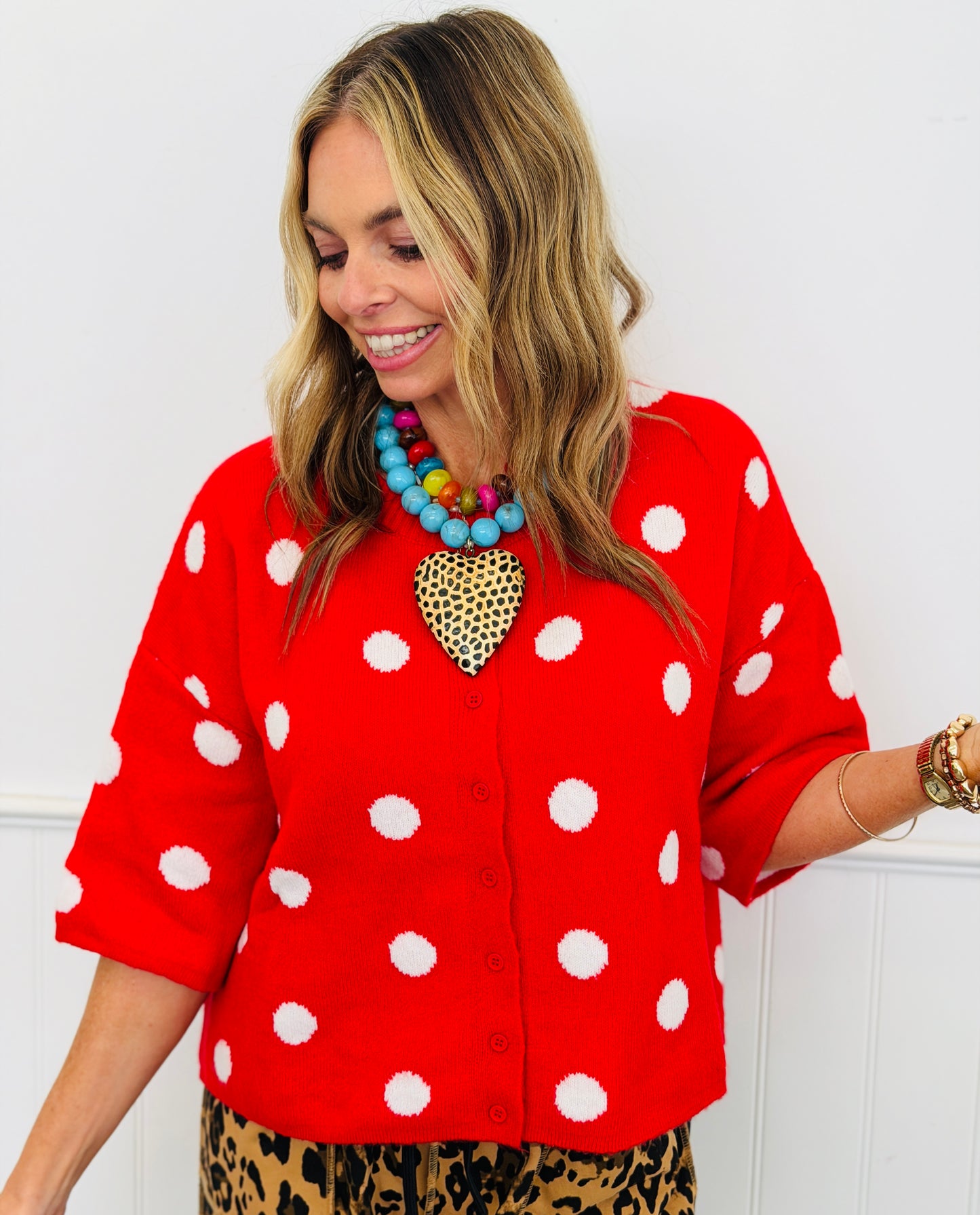 Red/Ivory Polka Dot Short Sleeve Cardigan (Reg. and Plus)