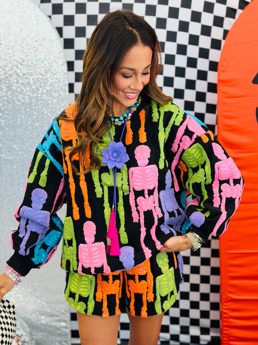 Queen Of Sparkles Black Multi Fuzzy Skeleton Sweatshirt (Reg. and Plus)