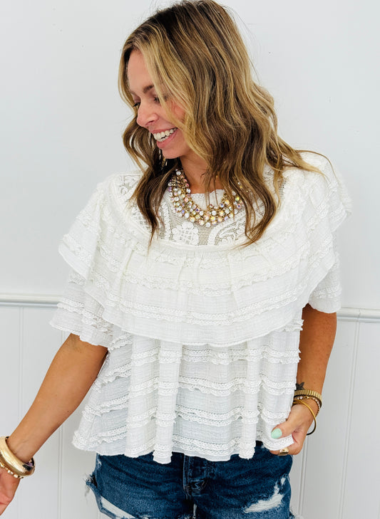 POL Ivory Lace Overlap Ruffle Top (Reg.)