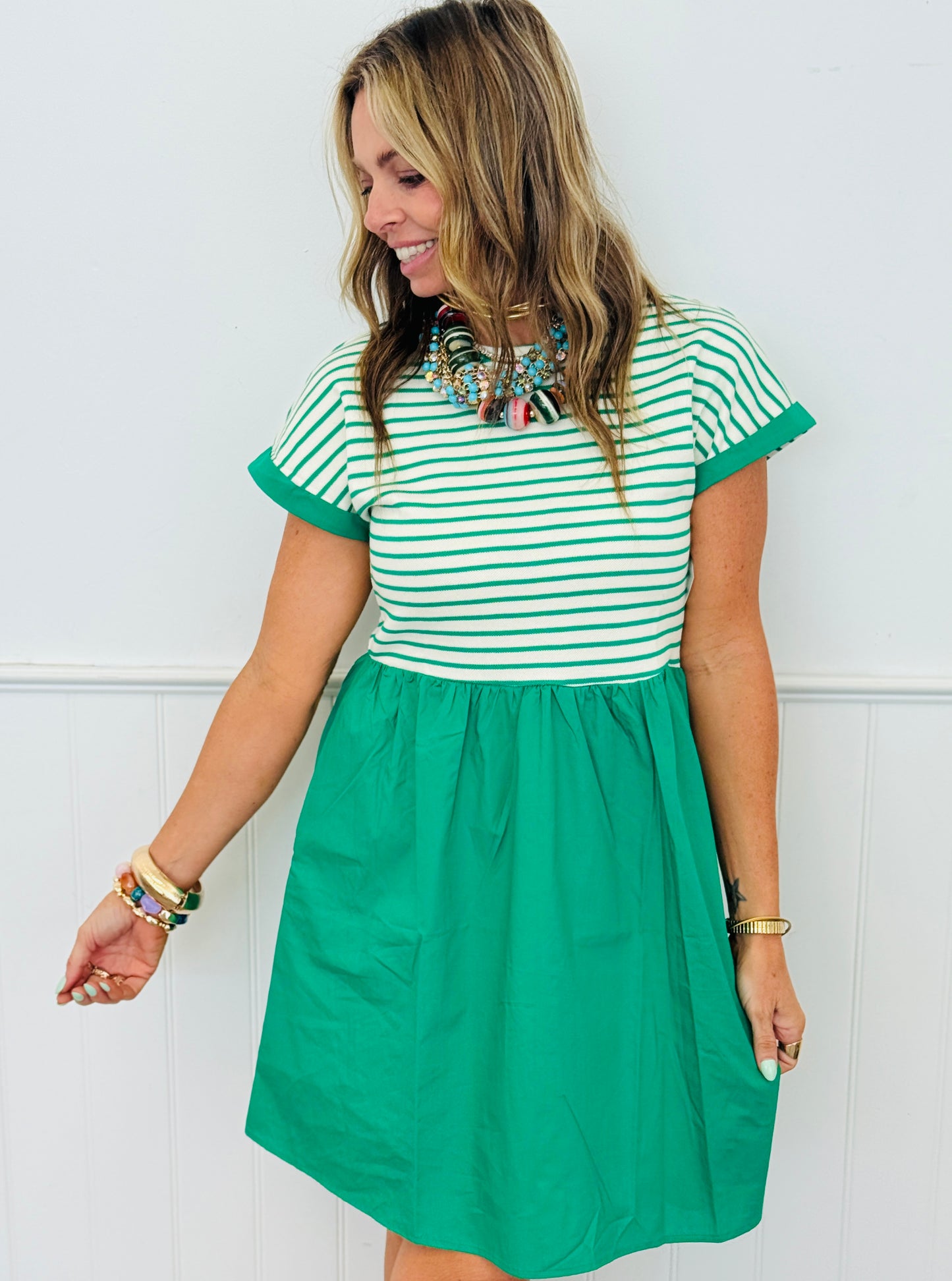 Green Half Stripe Knit Mini Dress  (Reg.)