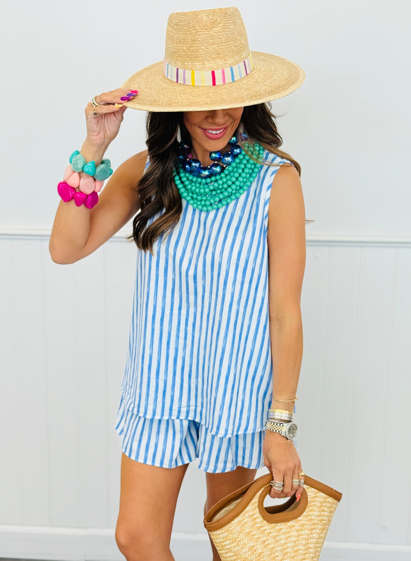 Blue Striped Scoop Back Tank & Shorts Set (Reg.)