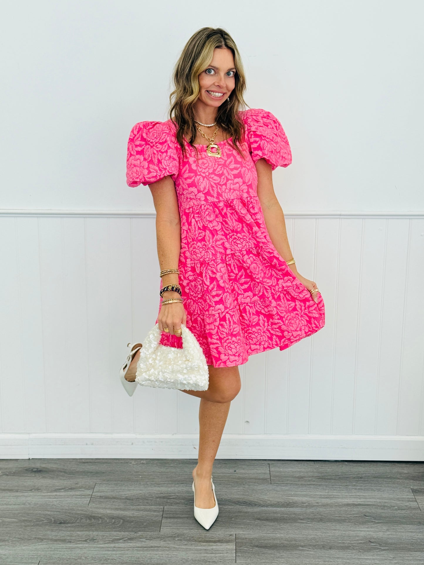 Pink Dolly Doll Jacquard Mini Dress (Reg. and Plus)