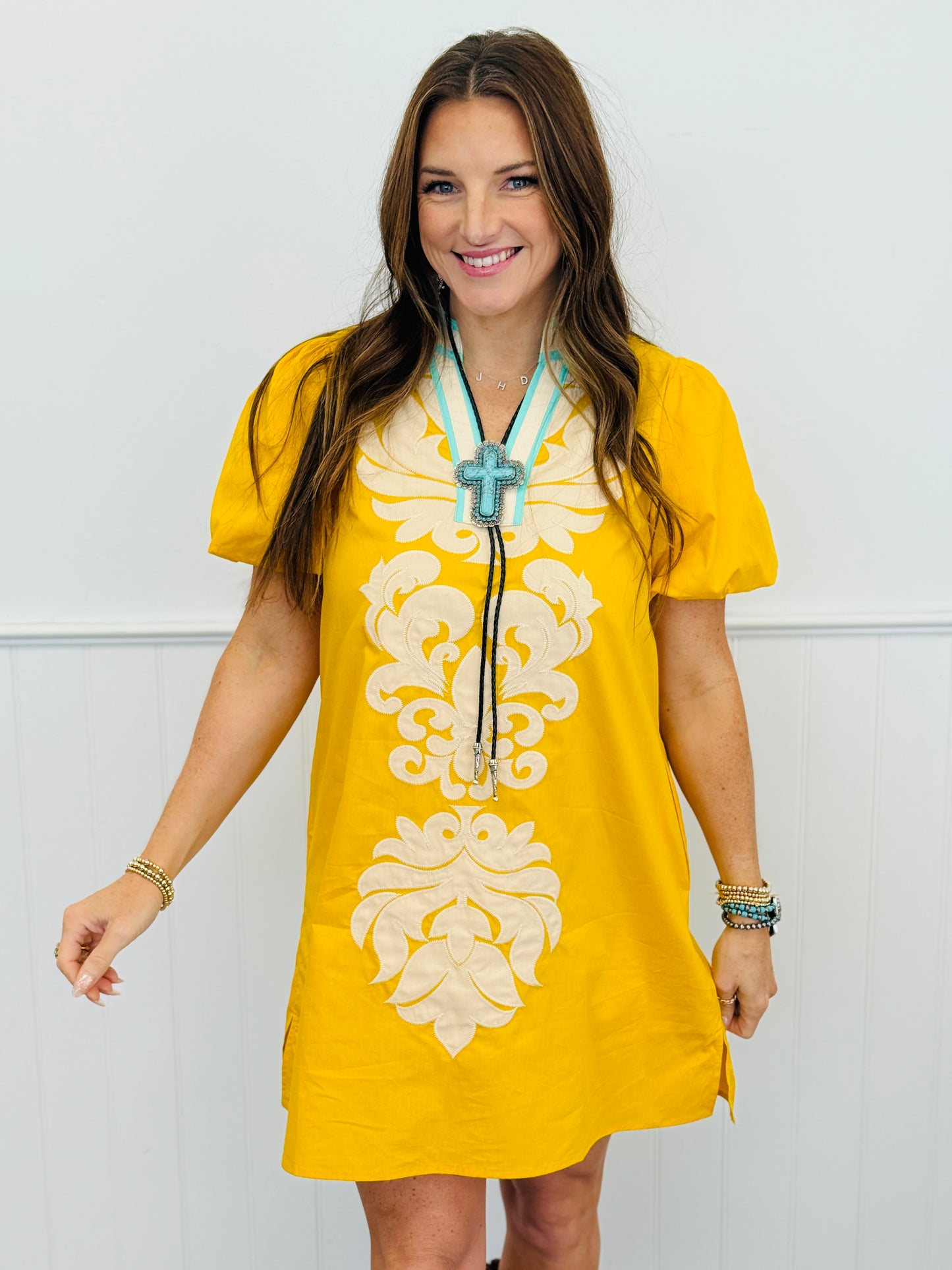 Yellow Contrast V-Neck Balloon Sleeve Mini Dress (Reg.)