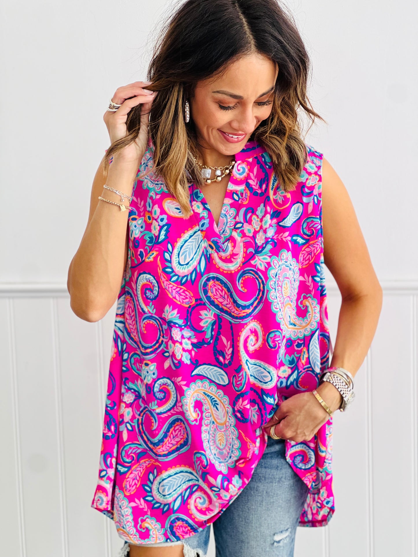 Dear Scarlett Pink Paisley Sleeveless Lizzy Top (Reg. & Plus)