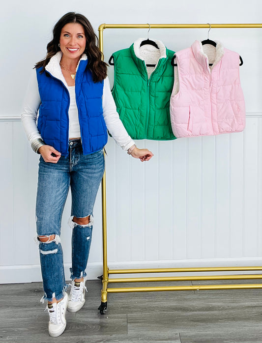 Reversible Puffer Vest with Sherpa Lining (Reg.) - 3 Colors