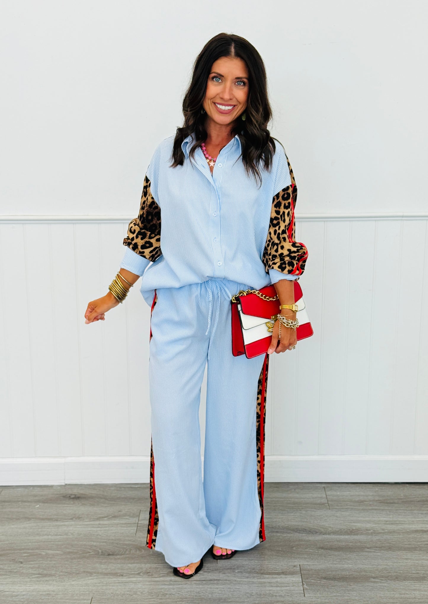 Blue Stripe Leopard Side Trim Pants (Reg & Plus)