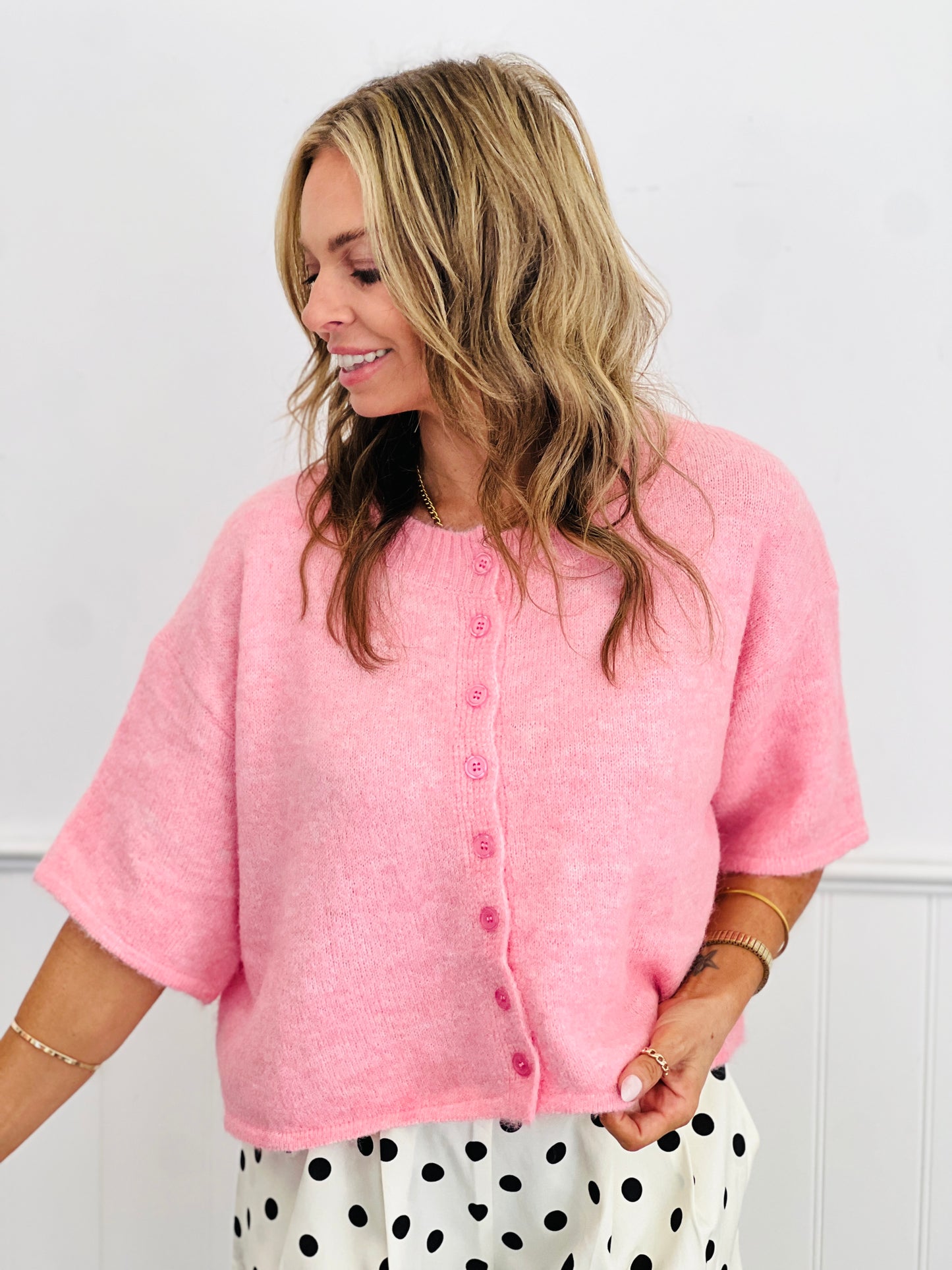 Pink Boxy Knit Short Sleeved Cardigan (Reg.)