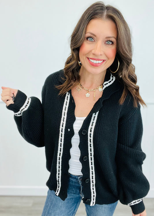 Black Lace Trim Sweater Jacket (Reg. and Plus)