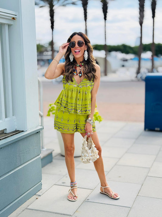 Green Beaded Top & Shorts Set (Reg.)
