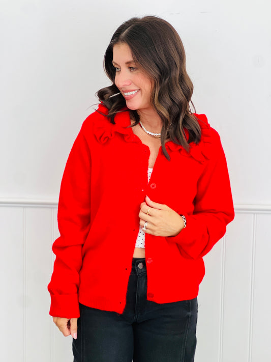 Red Ruffled Collar Sweater Cardigan (Reg.)