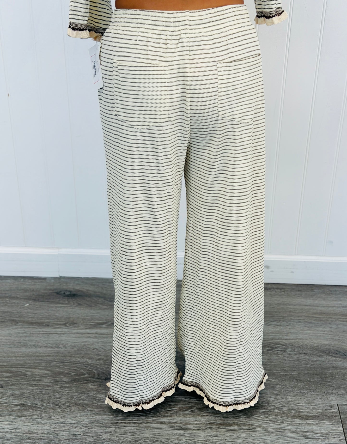 Cream/Brown Striped Ruffled Hem Pants (Reg & Plus)