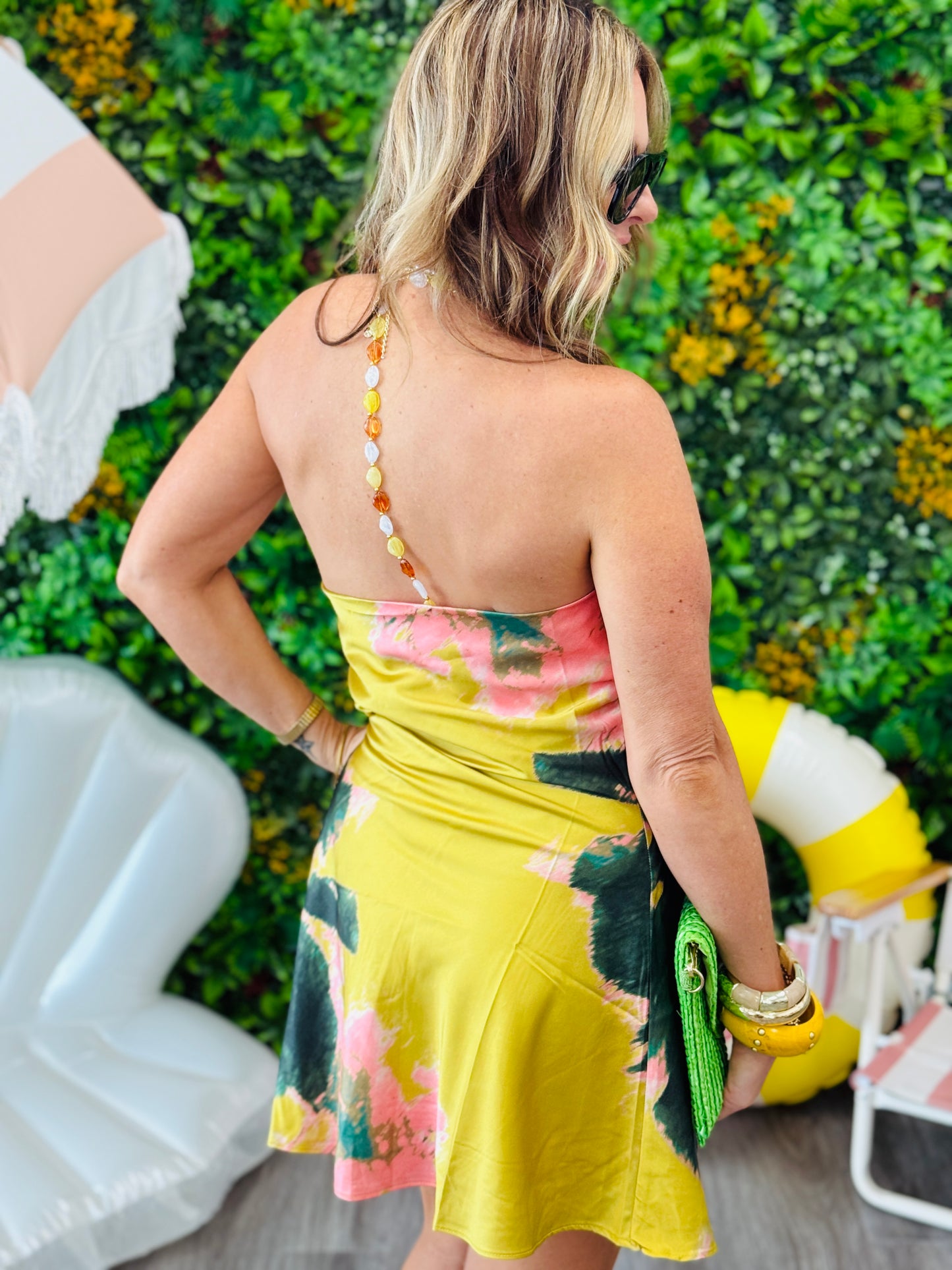 Gold Sunset Beaded Halter Neck Mini Dress (Reg.)