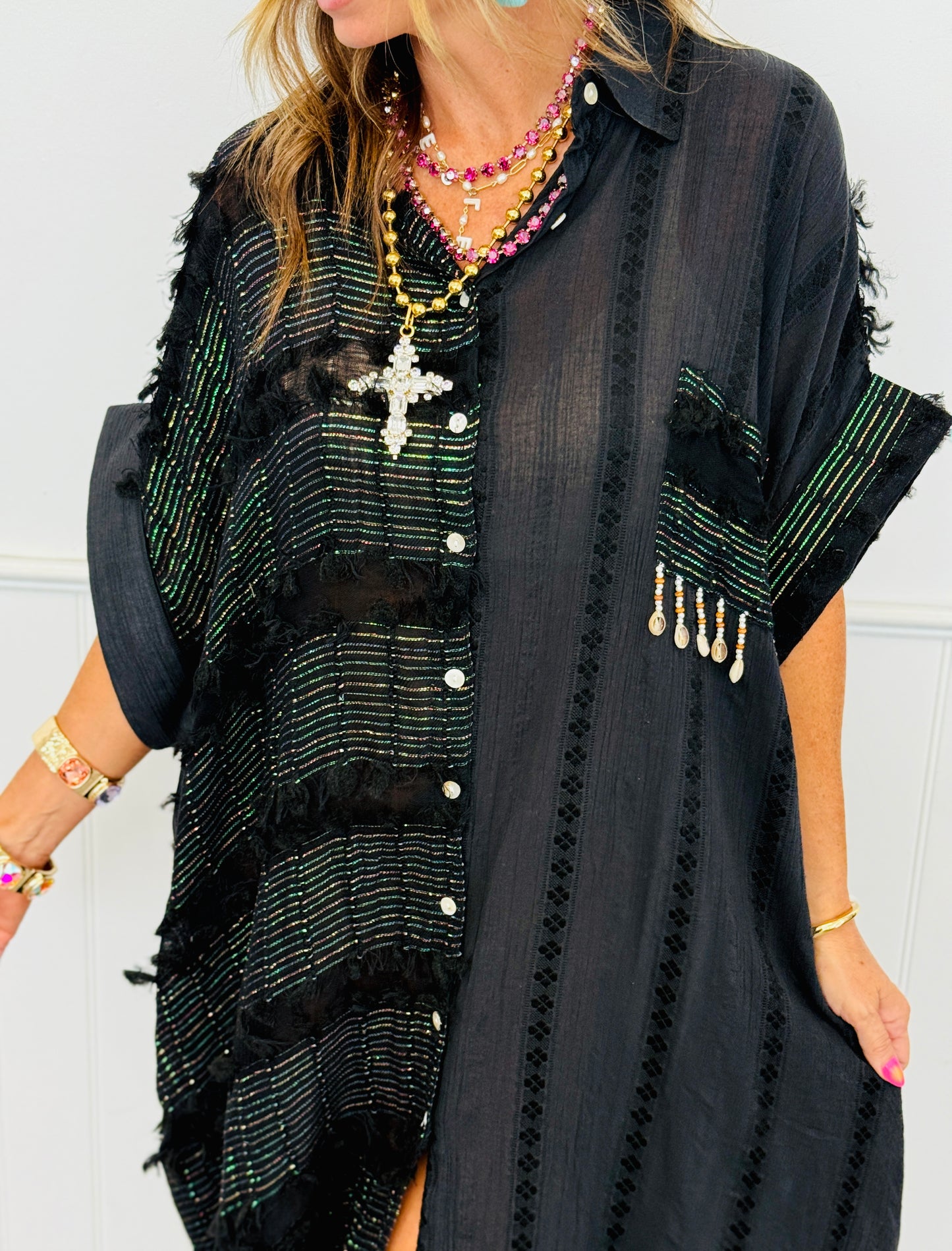 POL Black Textured Midi Shirt Dress (Reg.)