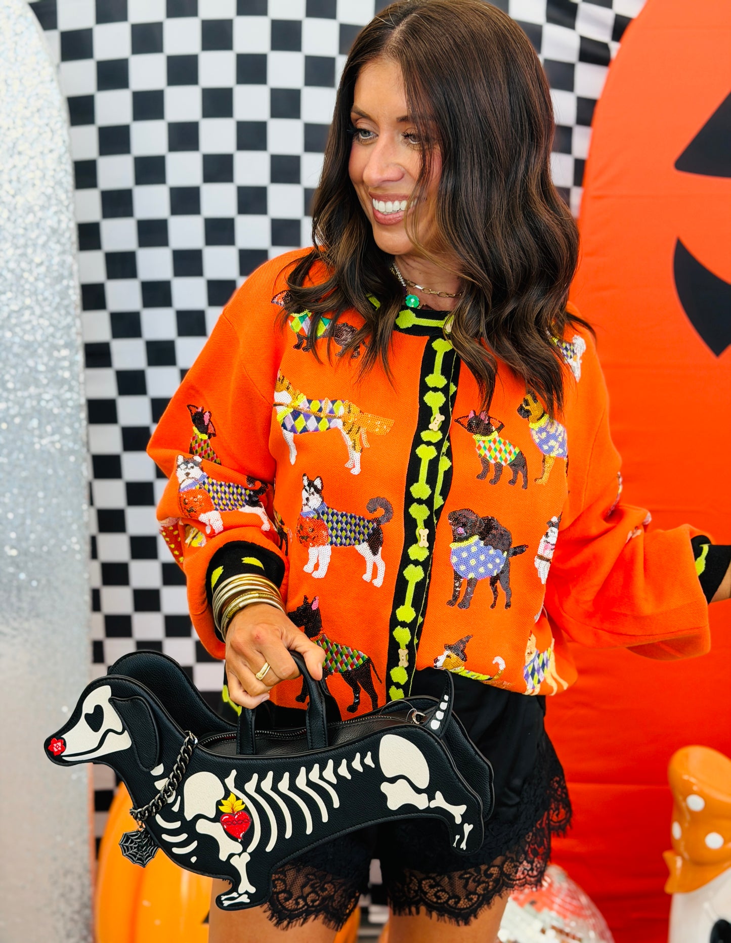 Queen Of Sparkles Orange Halloween Dogs Button Up Cardigan (Reg. and Plus)