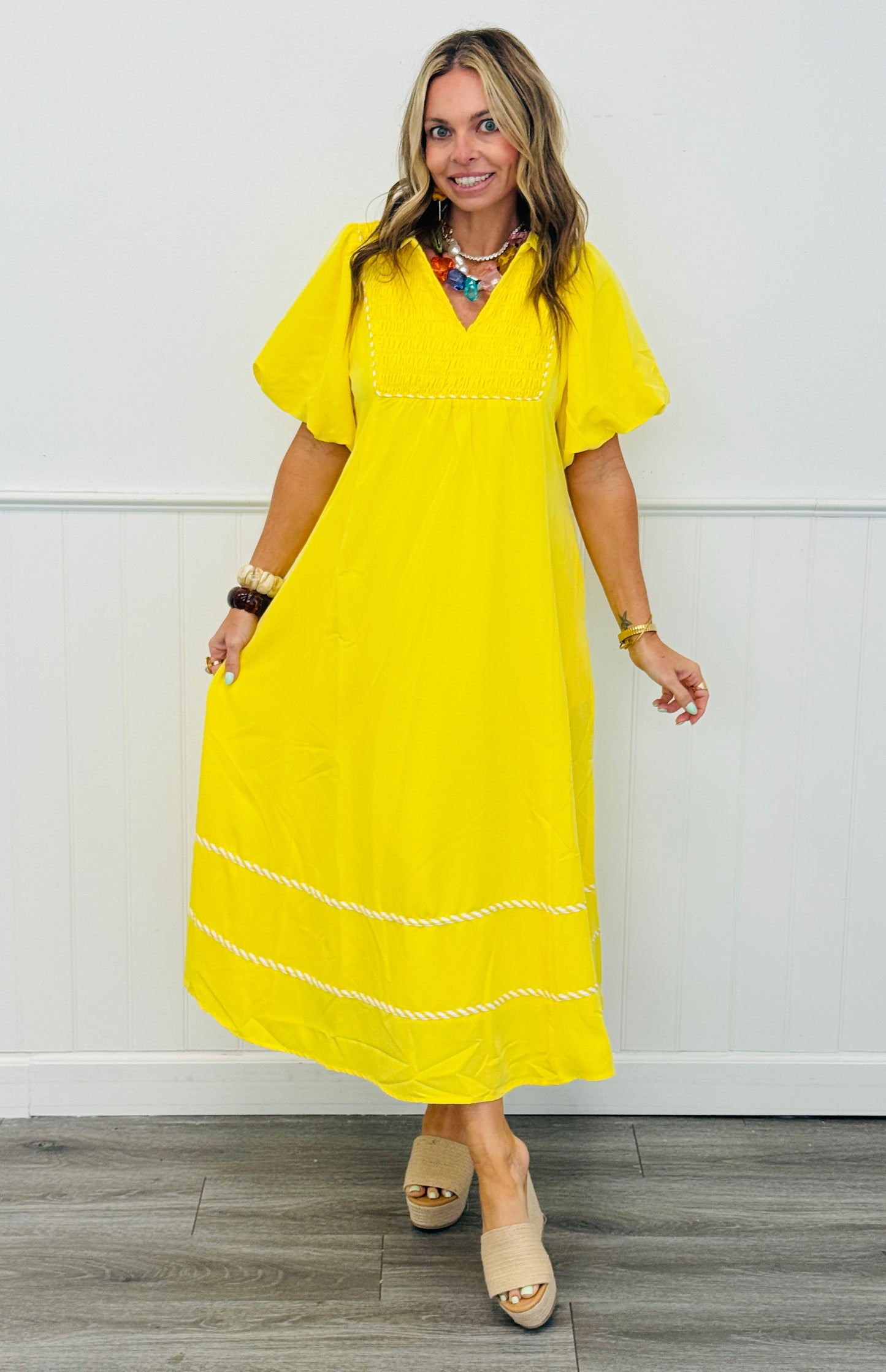 Yellow Smocked Neck Midi Dress (Reg.)
