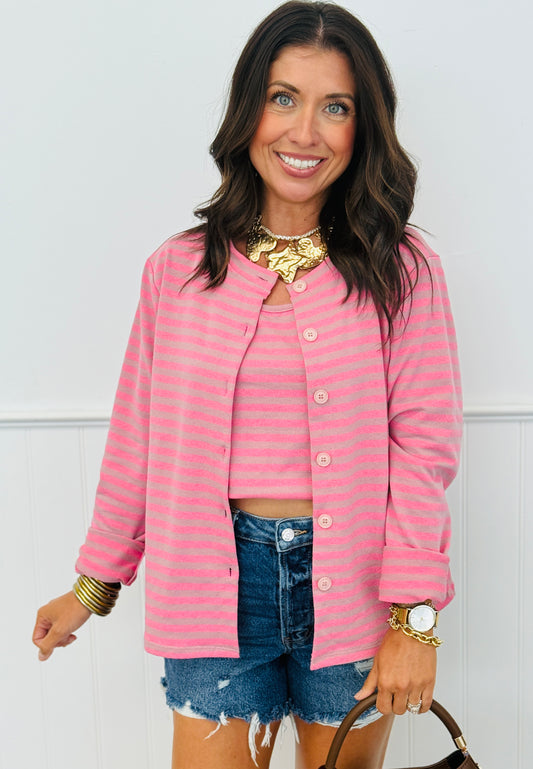 Taupe/Pink Striped Cami Top & Button Up Cardigan (One Size)