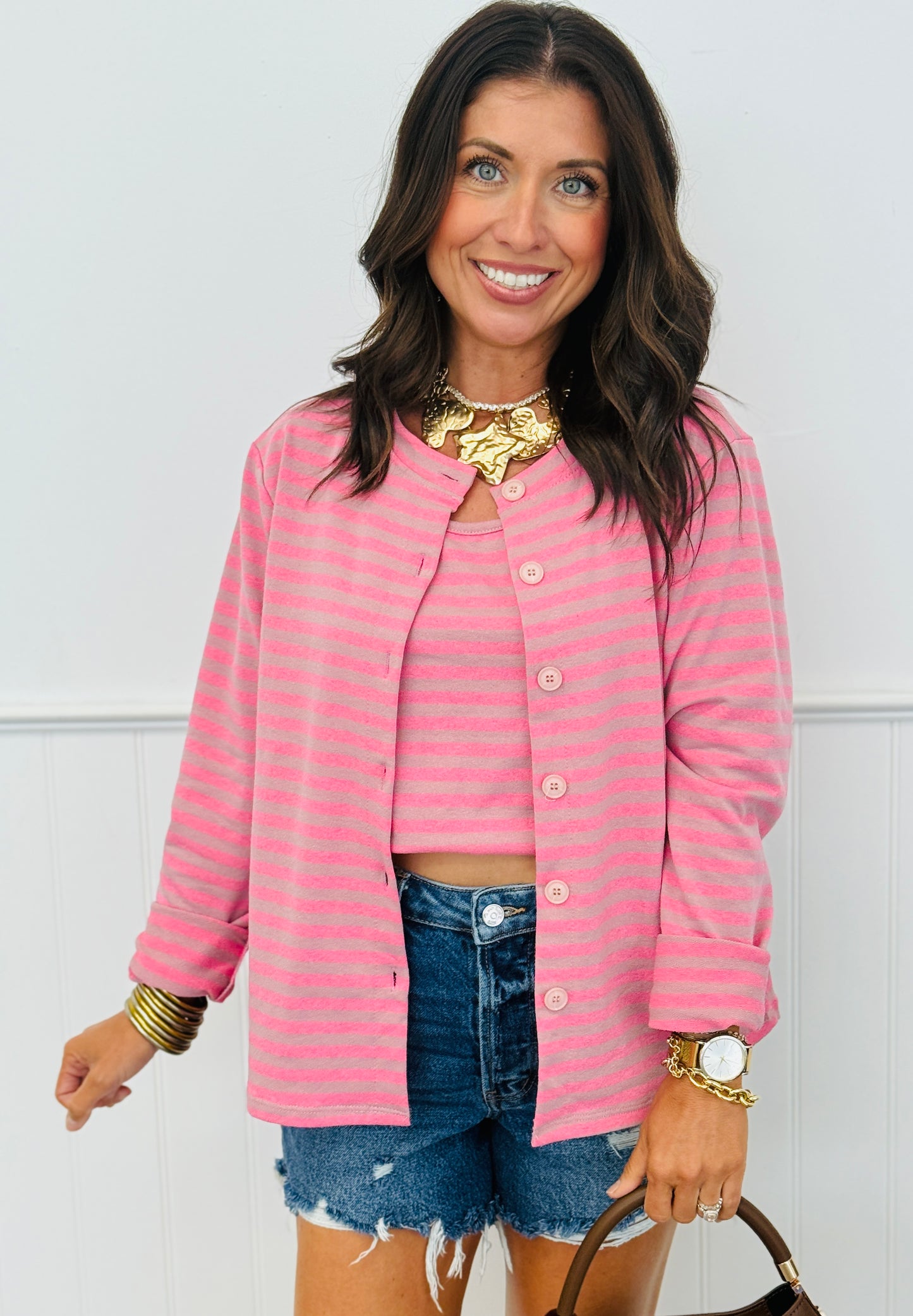 Taupe/Pink Striped Cami Top & Button Up Cardigan (One Size)