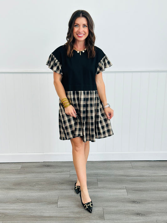 Black Plaid Contrast Mini Dress (Reg)