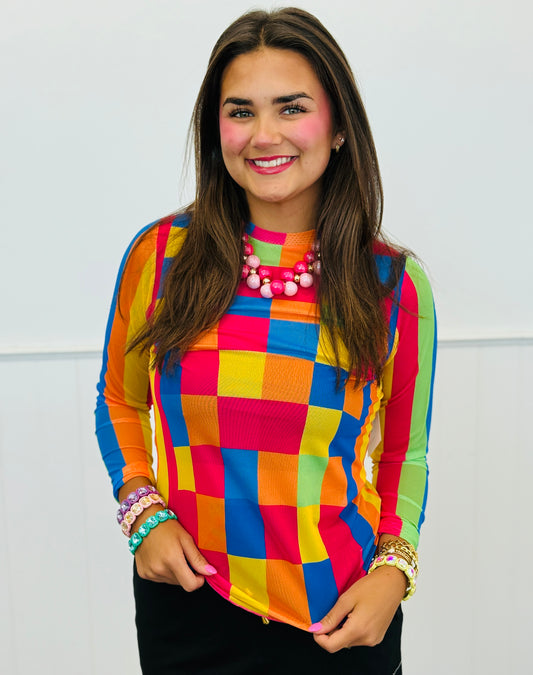 Hot Pink/Orange Checkered Mesh LS Top (Reg & Plus)
