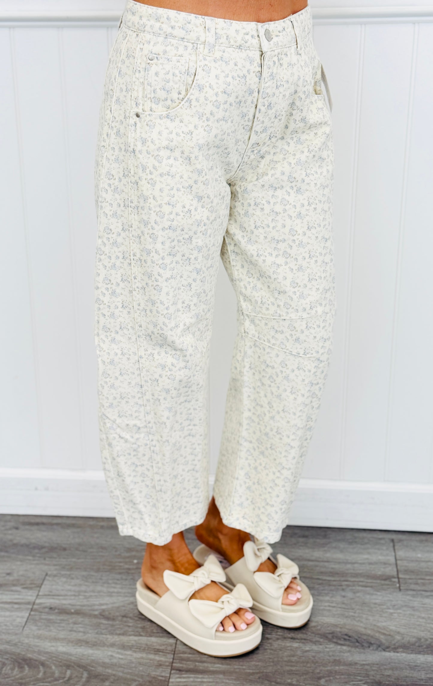 Cream Ditzy Blue Barrel Pants (Reg. and Plus)