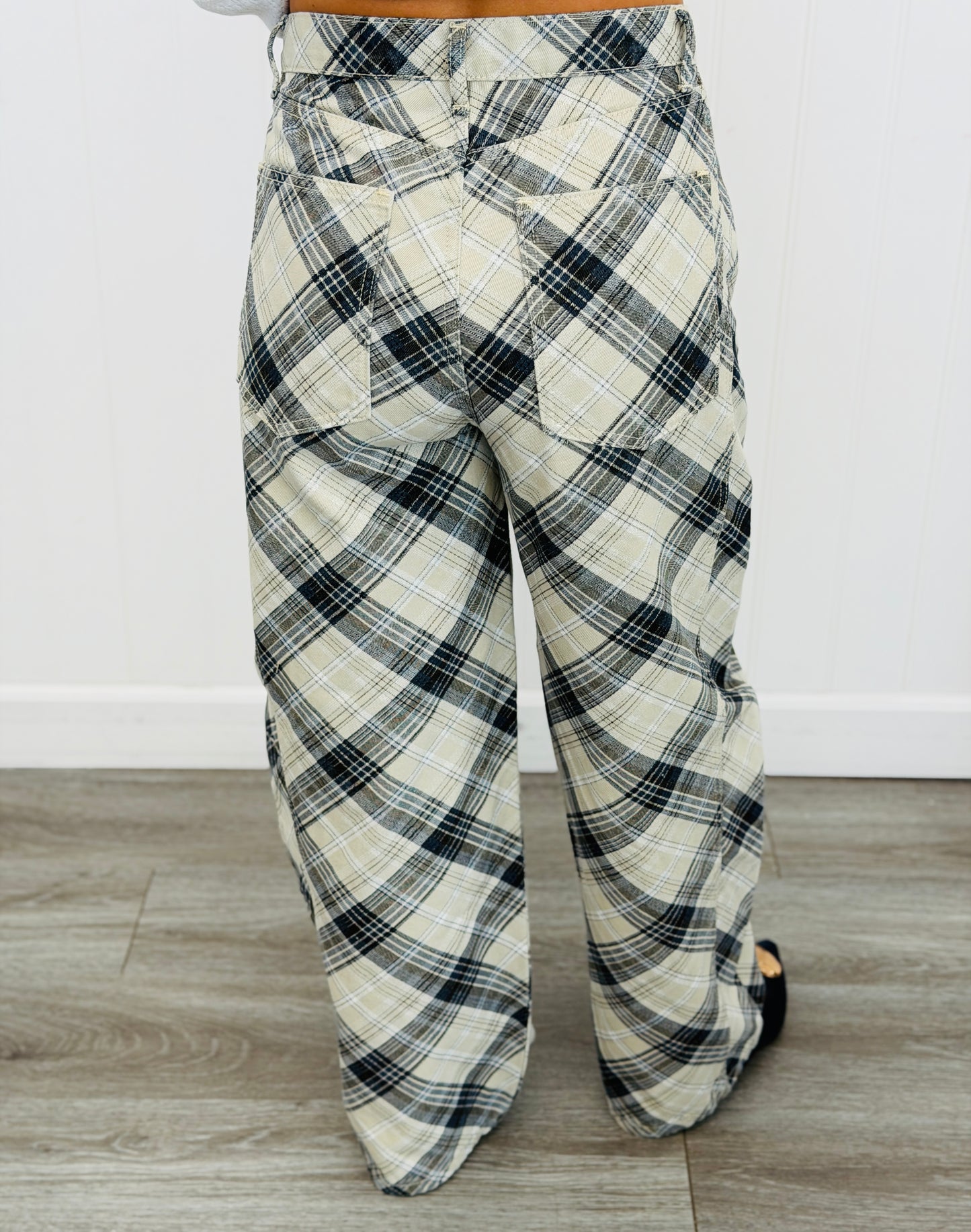 Beige Plaid Cotton Barrel Pants (Reg.)