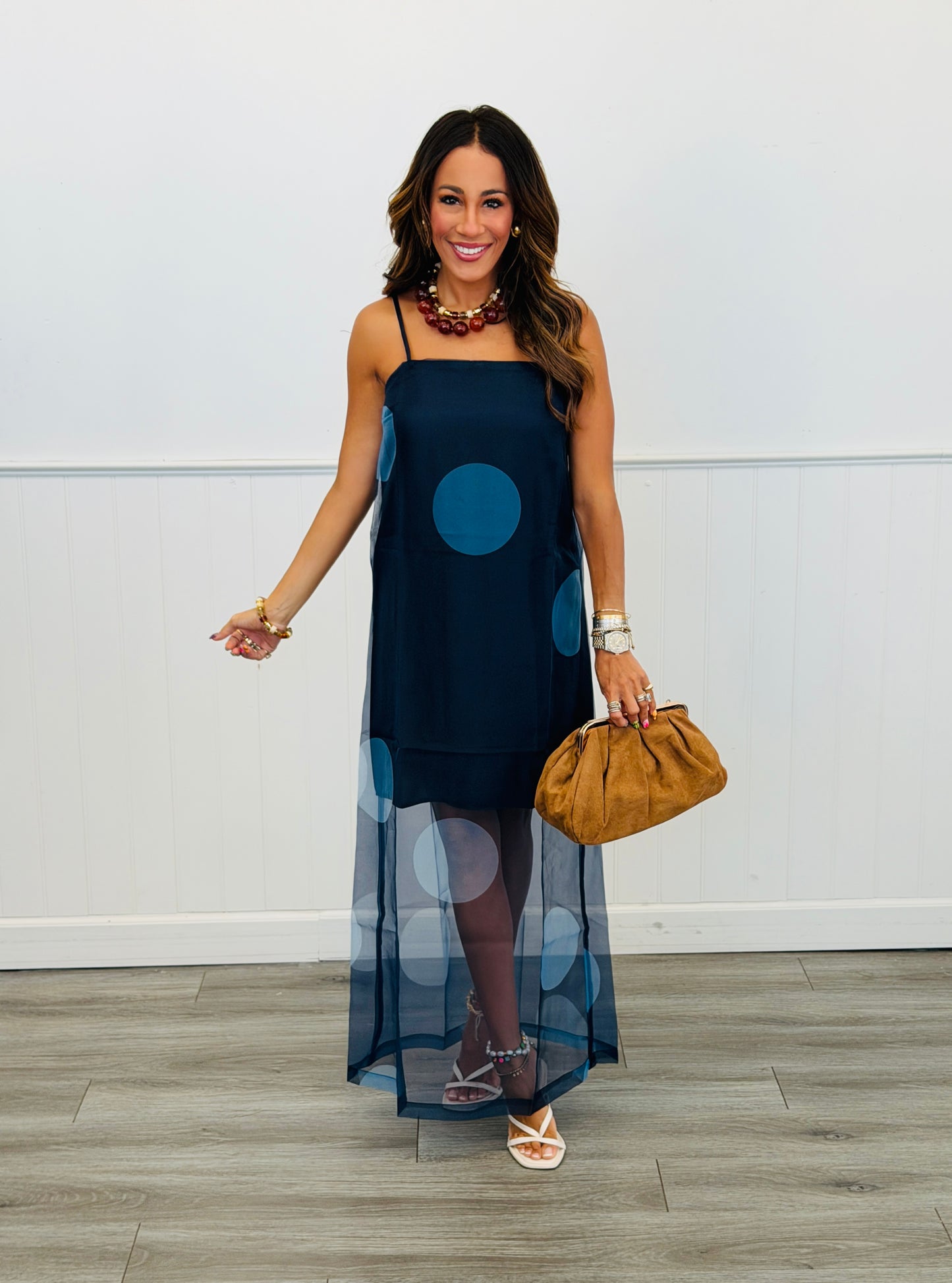 Navy Polka Dot Sheer Overlay Midi Dress (Reg.)