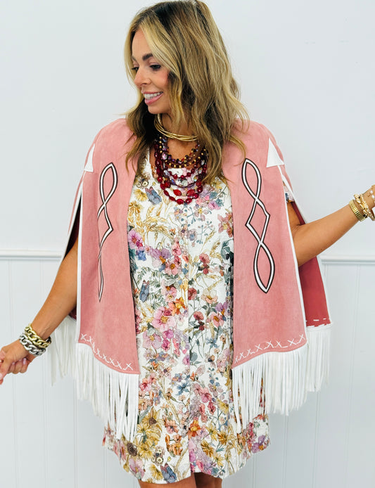 Pink Fringe Detail Open Cape Jacket (Reg.)
