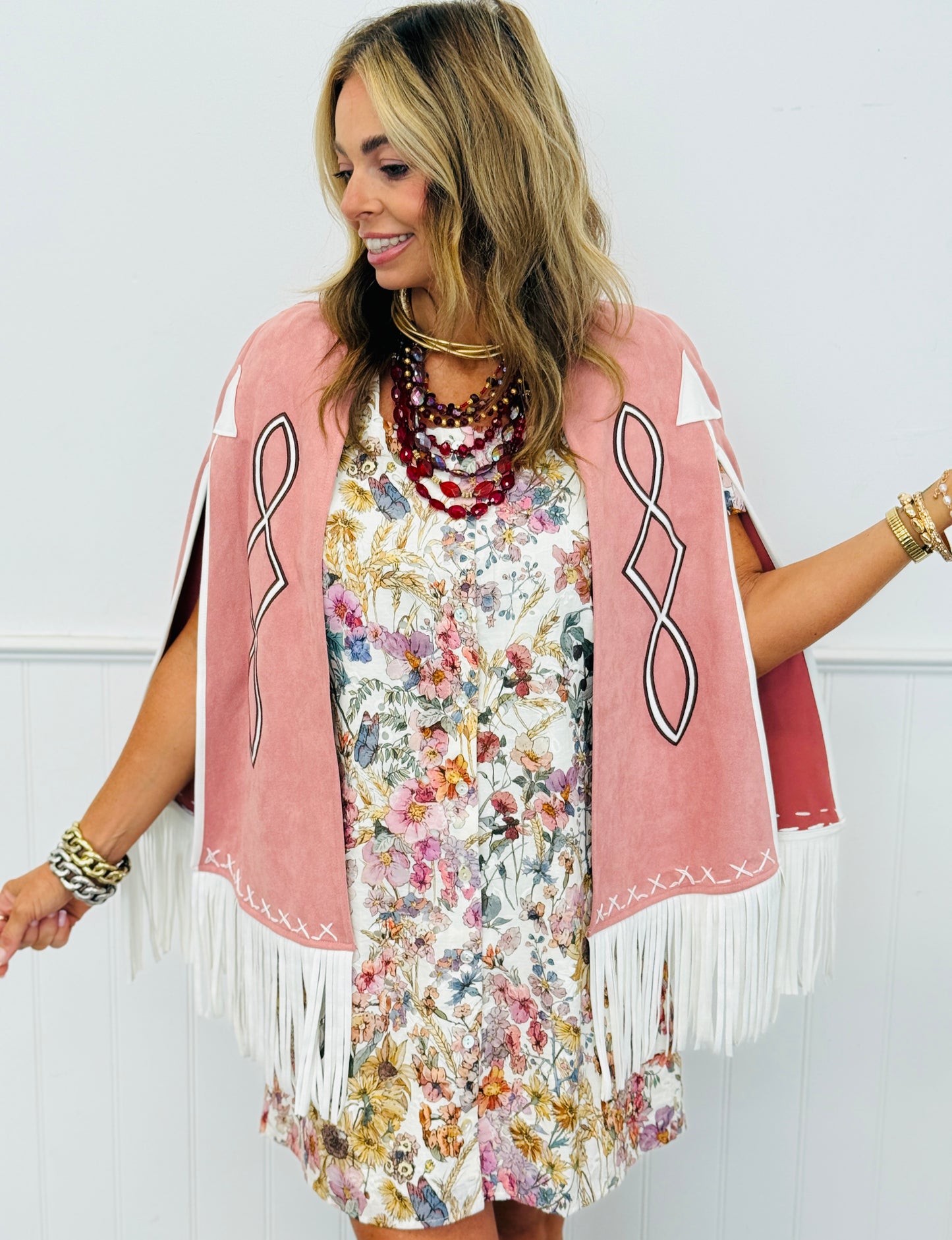 Pink Fringe Detail Open Cape Jacket (Reg.)