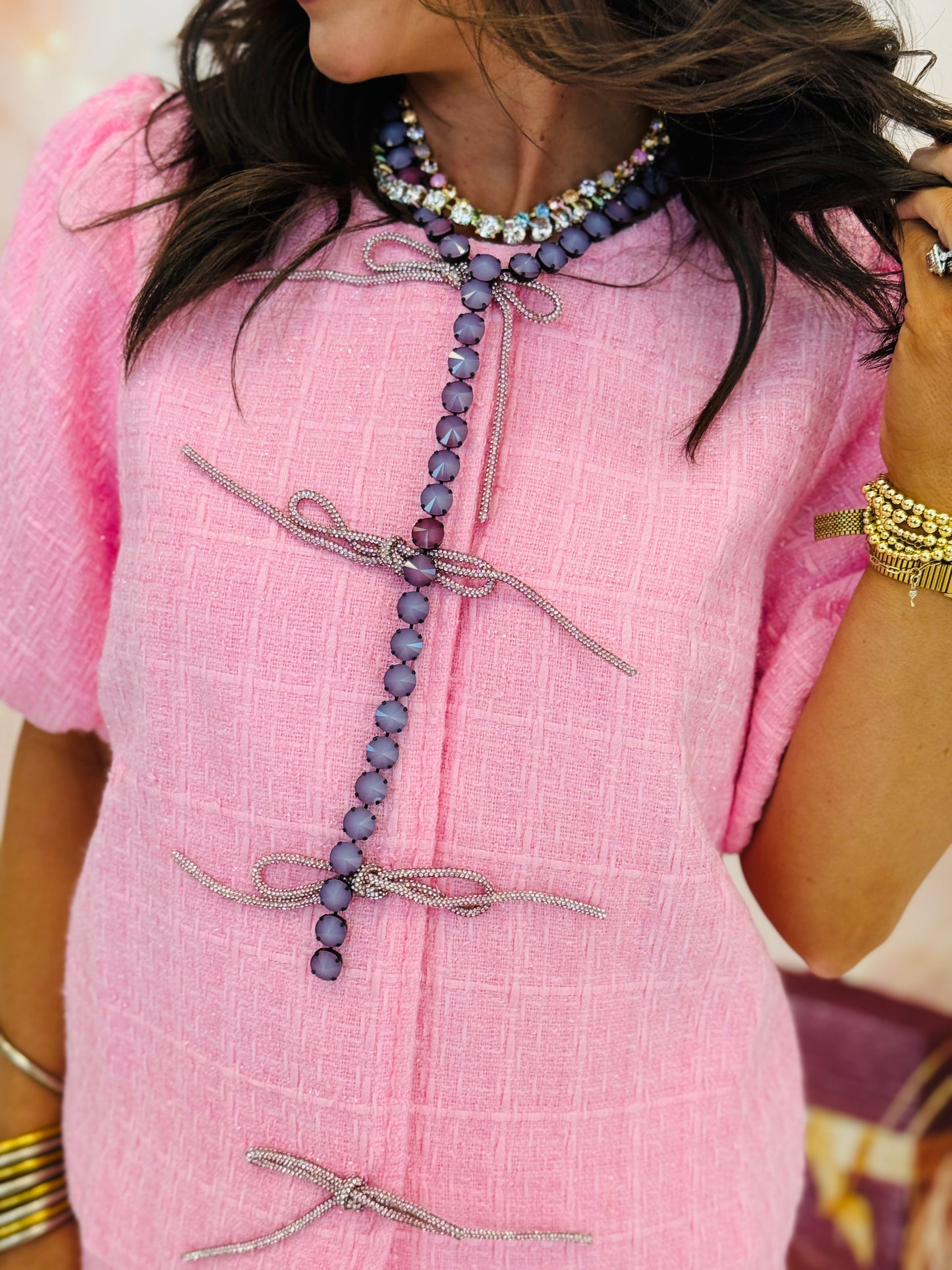 Pink Rhinestone Bow Accent Puff Sleeve Top (Reg.)