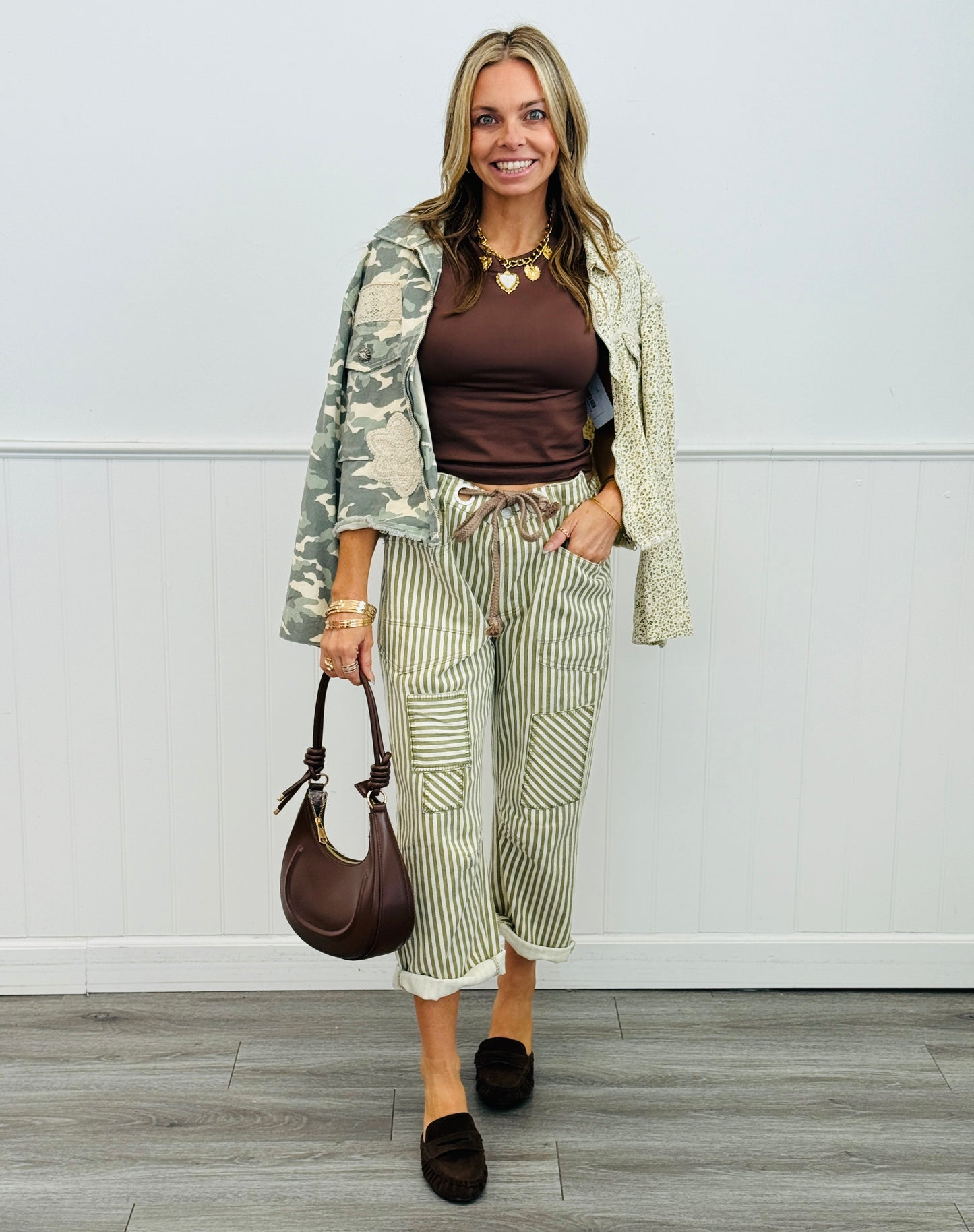 Olive Striped Twill Barrel Pants (Reg.)