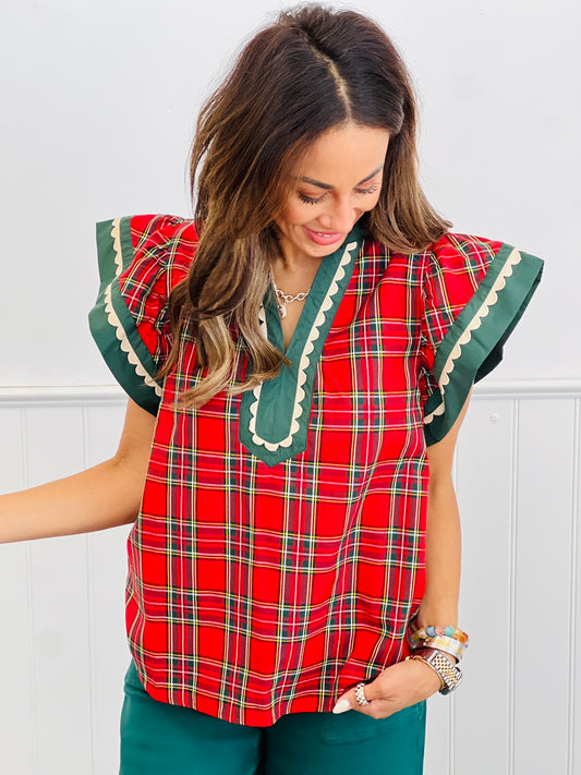 Red Plaid Flare Sleeve Top (Reg & Plus)