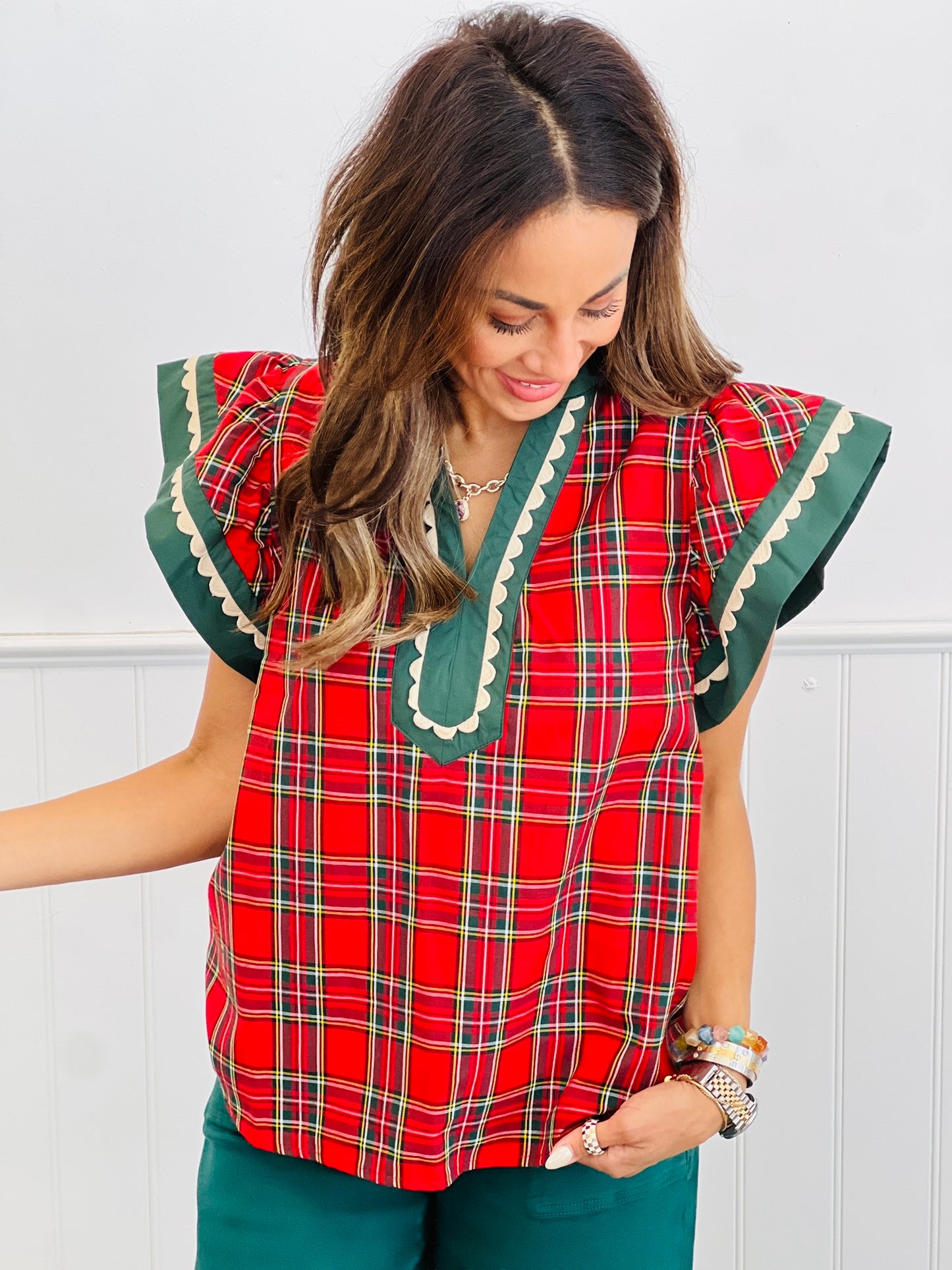 Red Plaid Flare Sleeve Top (Reg & Plus)