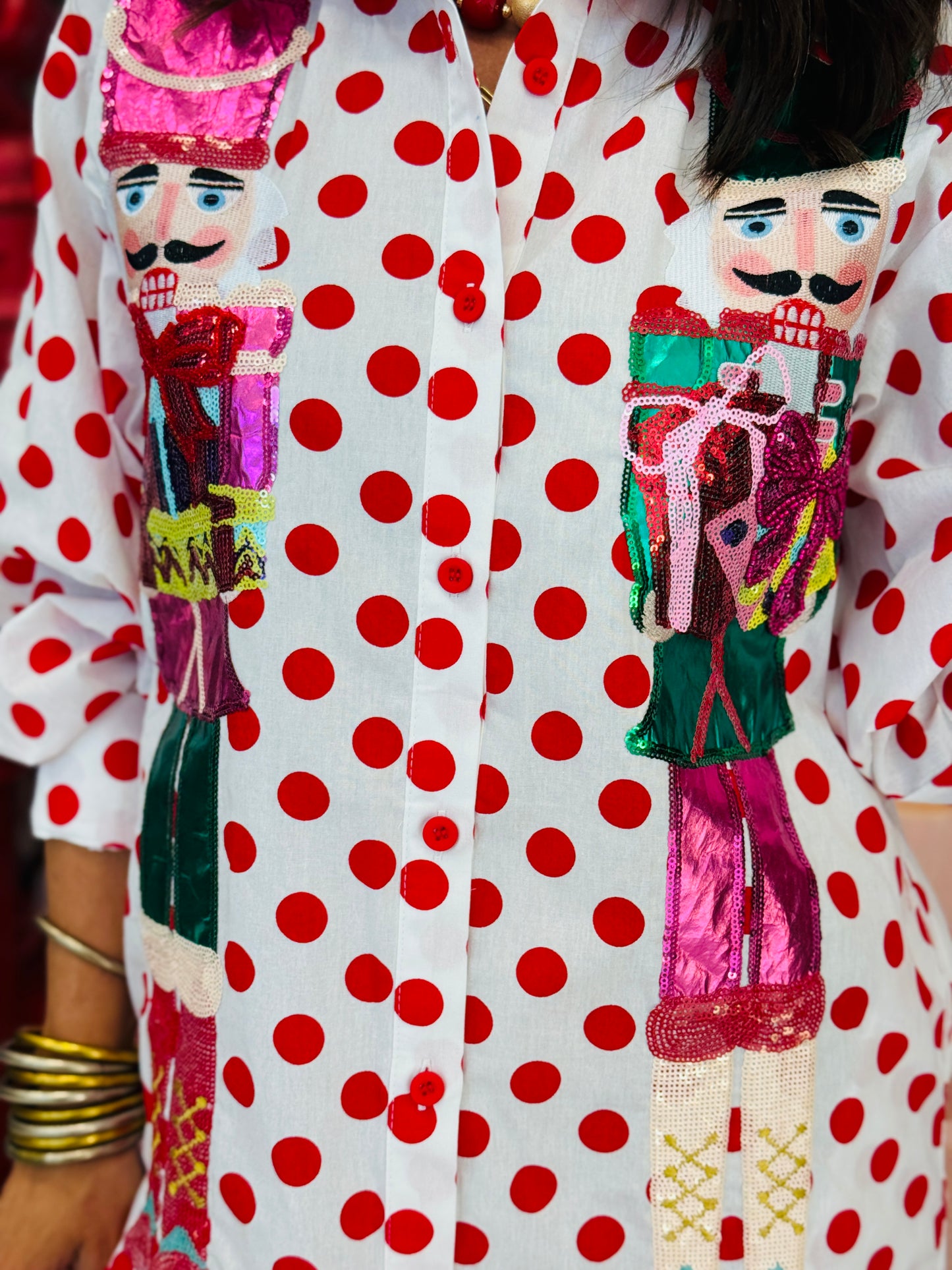Queen Of Sparkles  Red & White Polka Dot Metallic Nutcracker Dress (Reg. and Plus)
