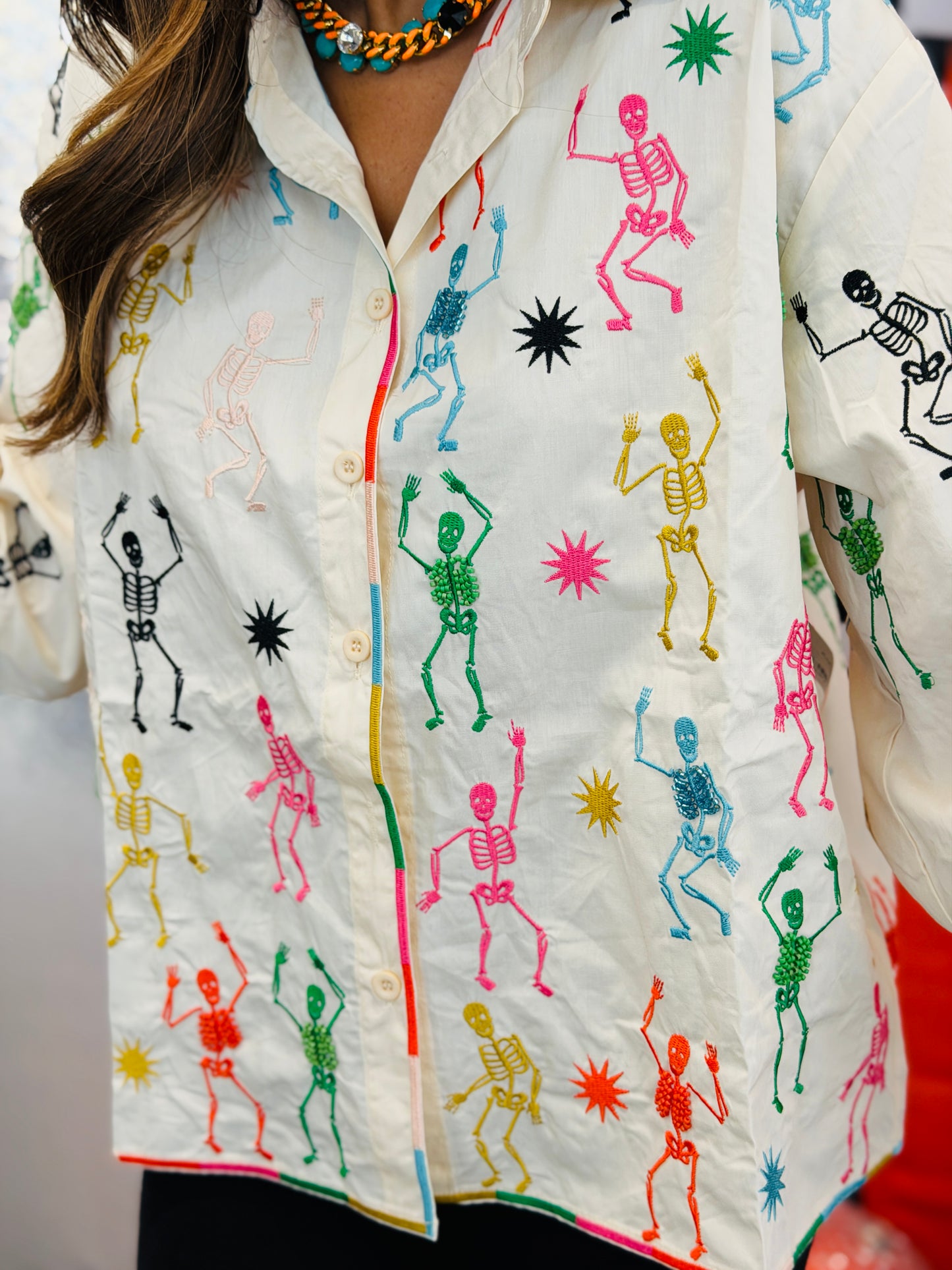Queen Of Sparkles Beige Multi Skeleton Button Up Top (Reg. and Plus)