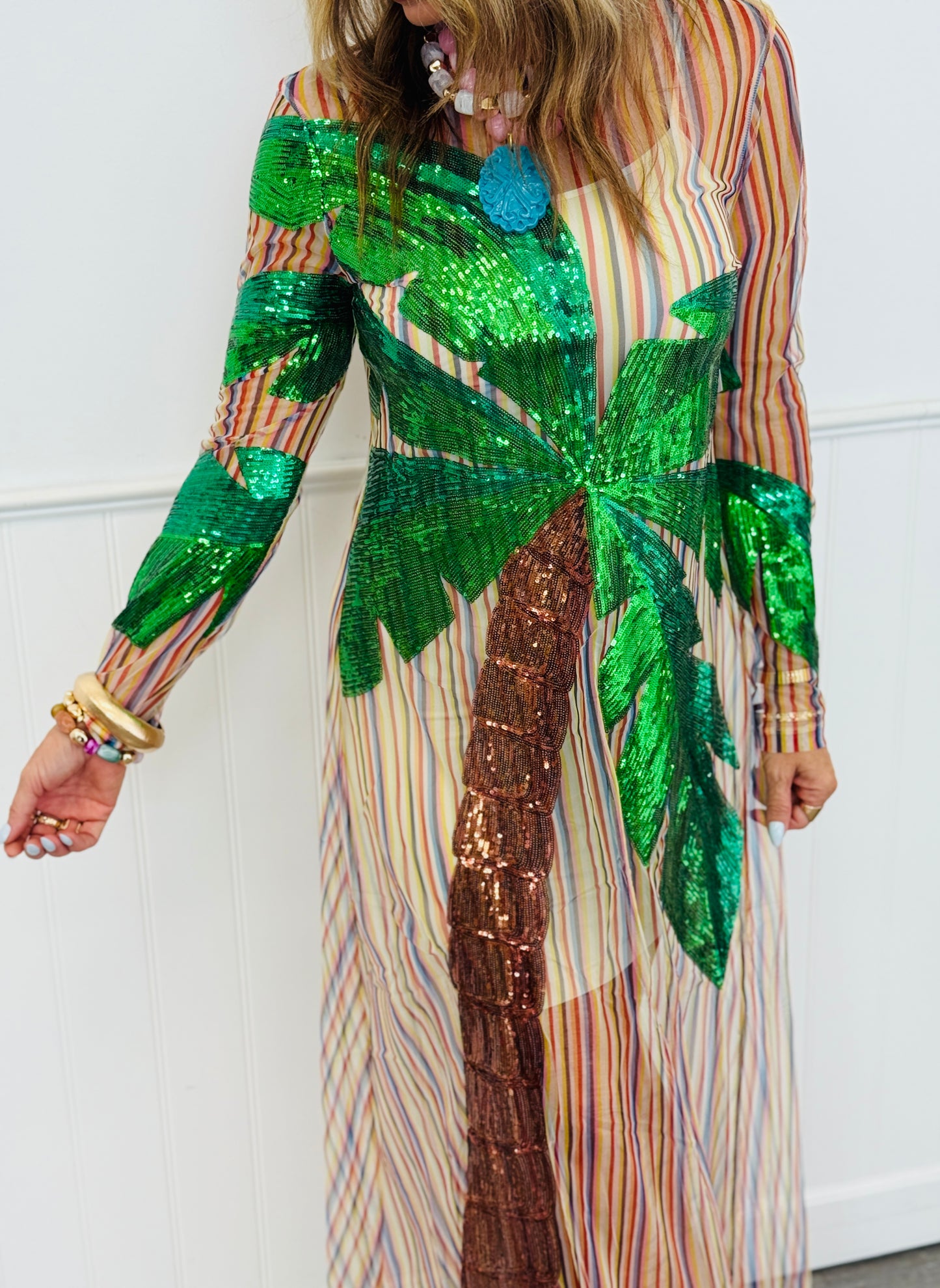 Queen Of Sparkles Rainbow Stripe LS Palm Tree Sheer Coverup Dress (Reg. & Plus)