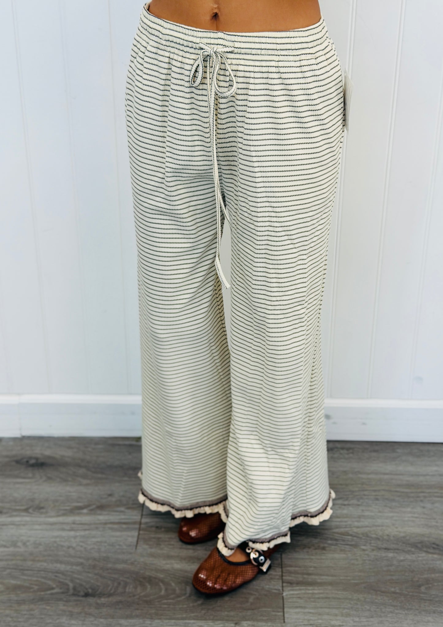 Cream/Brown Striped Ruffled Hem Pants (Reg & Plus)