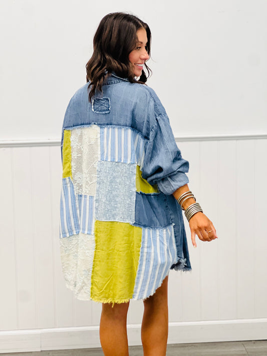 Dark Denim Patchwork Embrace Shirt (Plus)