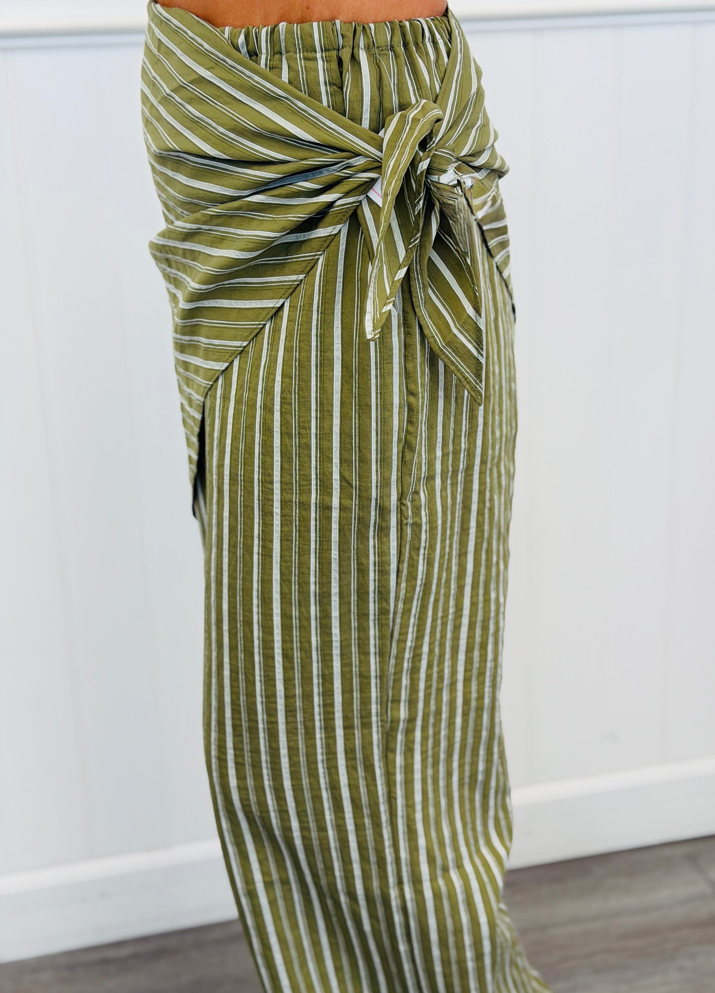 Olive Striped Front Wrap Detail Pants (Reg.)