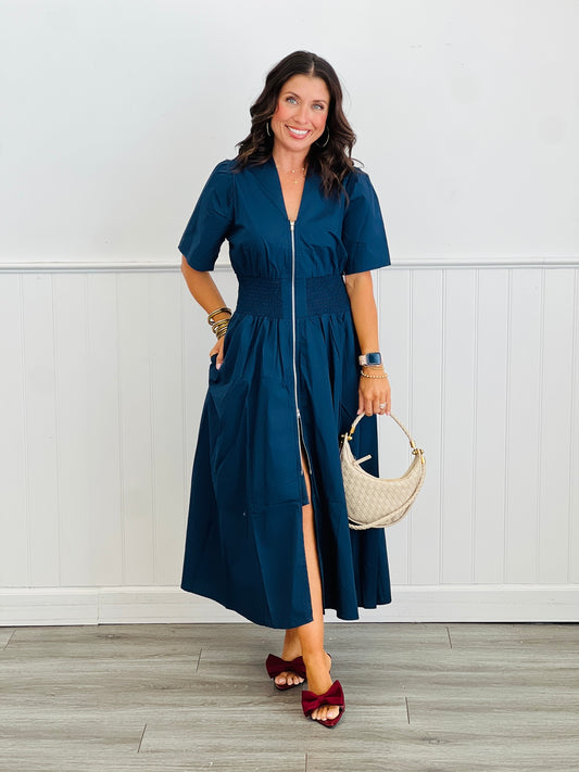 Navy Front Zip Midi Dress  (Reg & Plus)