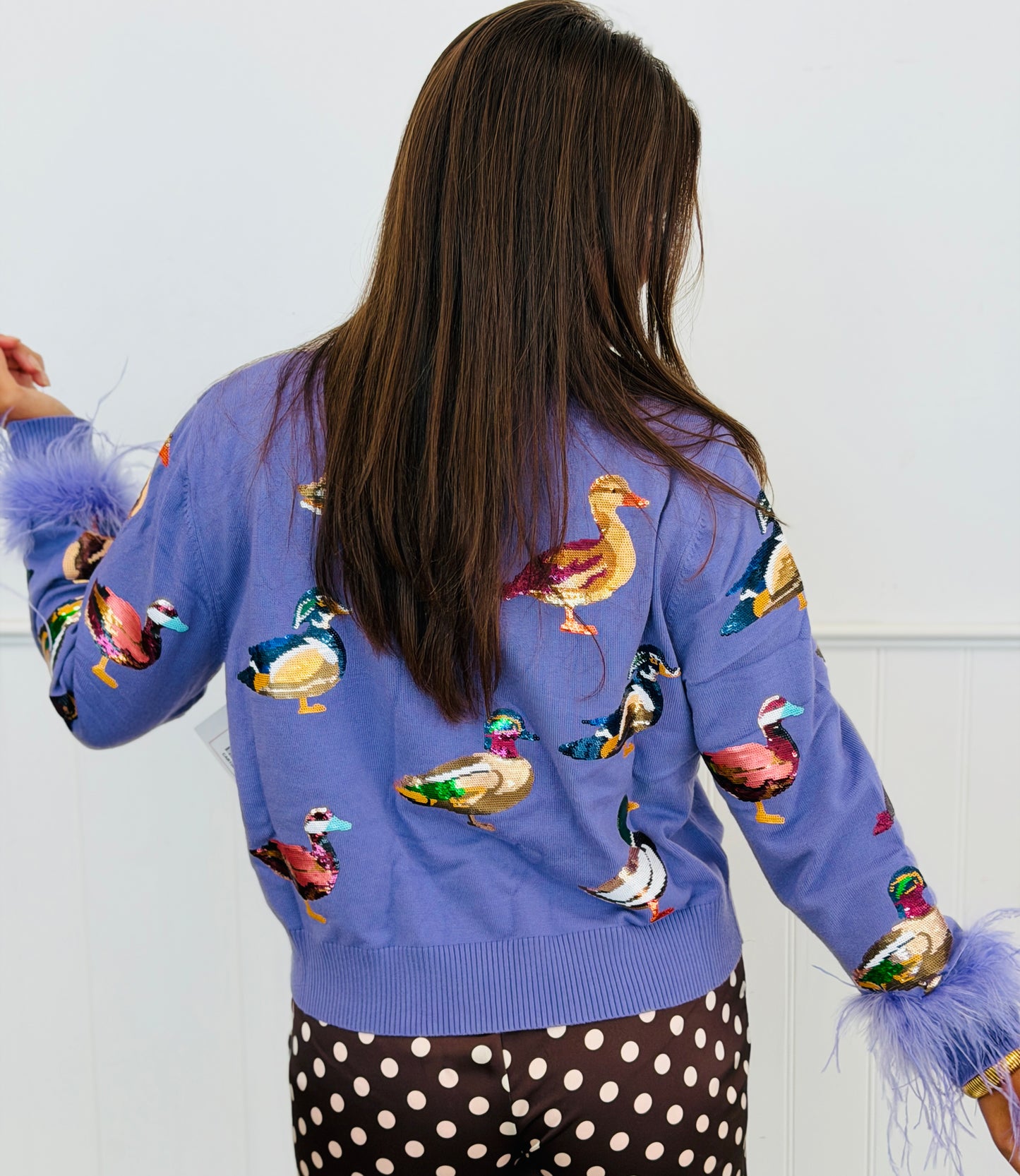 Queen Of Sparkles Purple Ducks Feather Sleeve Cardigan (Reg. and Plus)