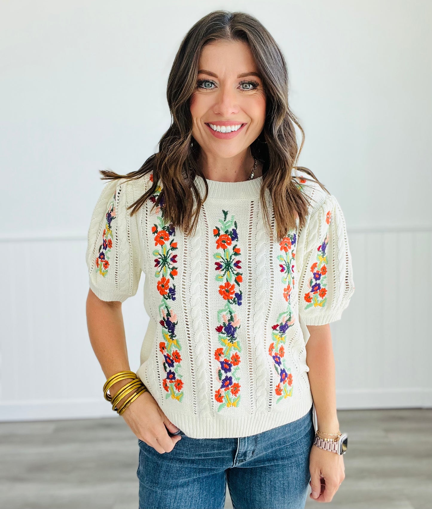 Ivory Floral Embroidered Short Sleeve Sweater (Reg.)