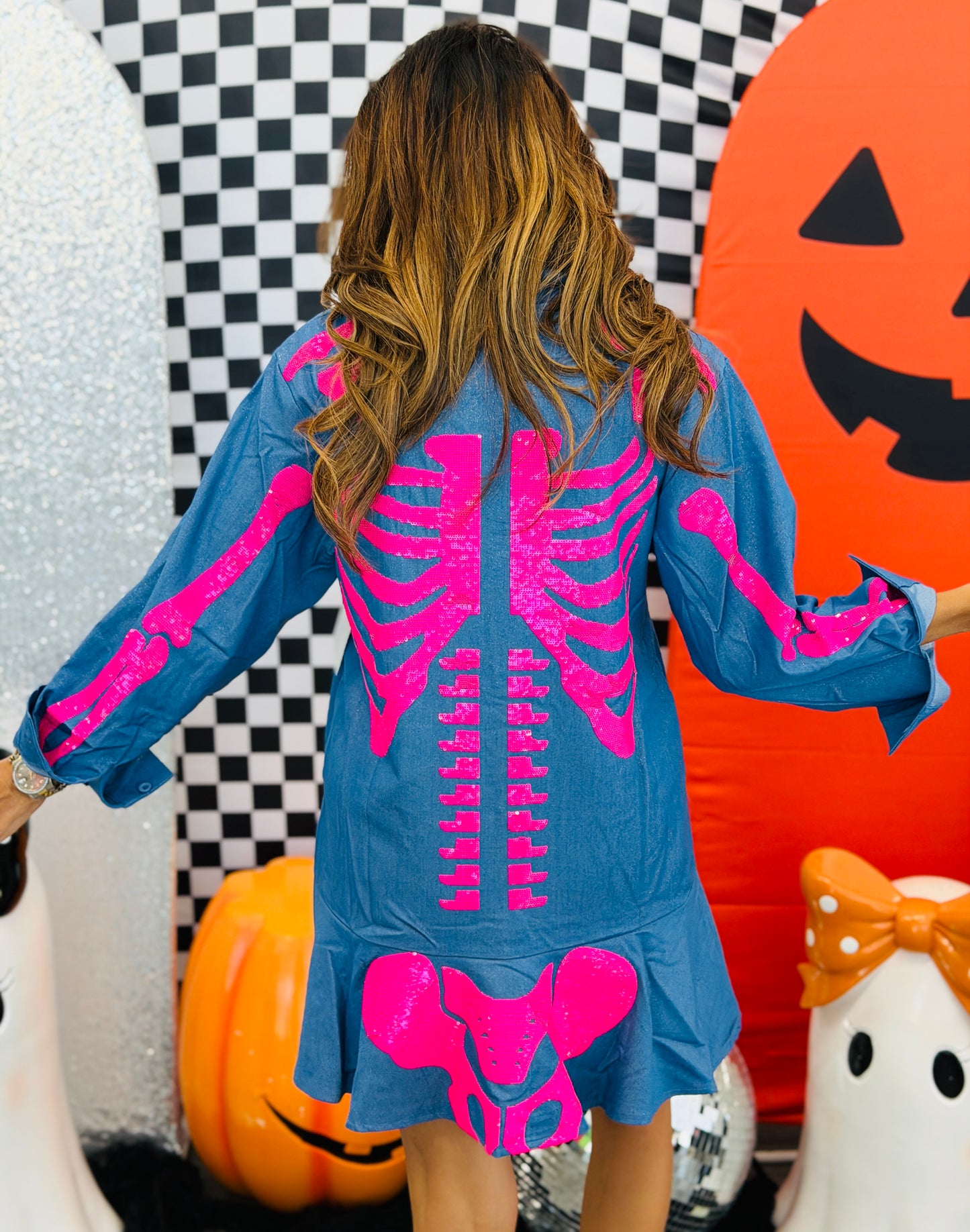 Queen Of Sparkles Denim & Pink Sequin Skeleton Mini Dress (Reg. and Plus)