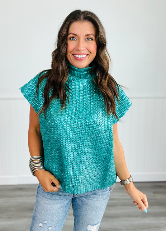 Emerald Metallic Foil Turtleneck Sleeveless Sweater Top (Reg.)