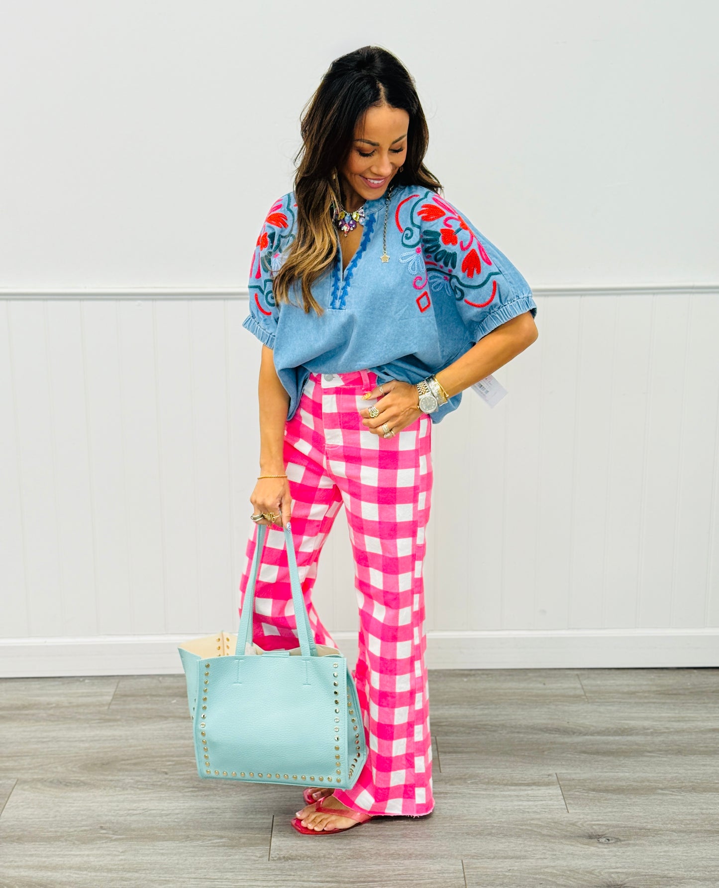 Denim Puff Sleeve Embroidered Top (Reg & Plus) - 2 Colors