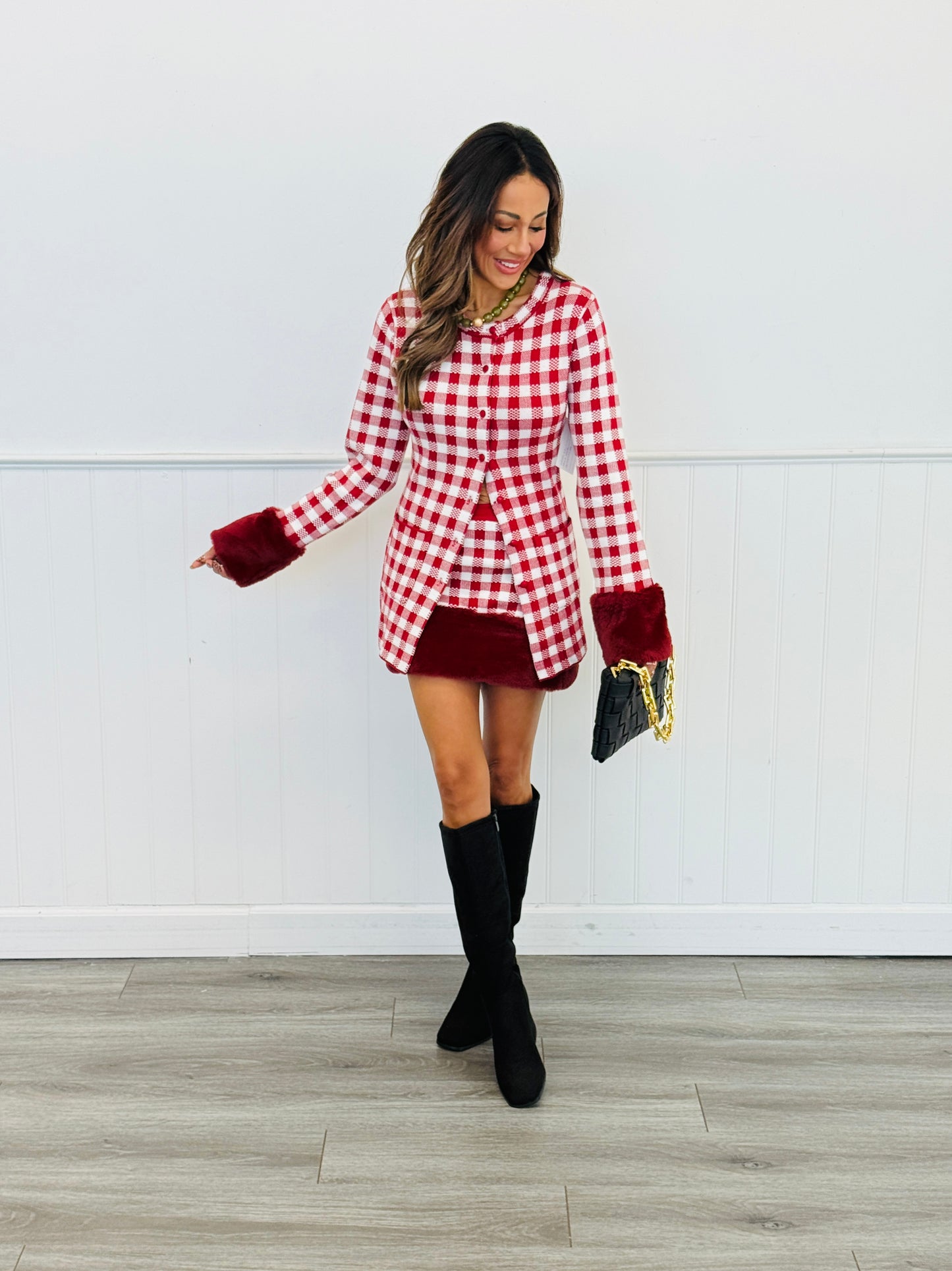 Red Check Fur Trim Jacket & Mini Skirt Set (Reg.)