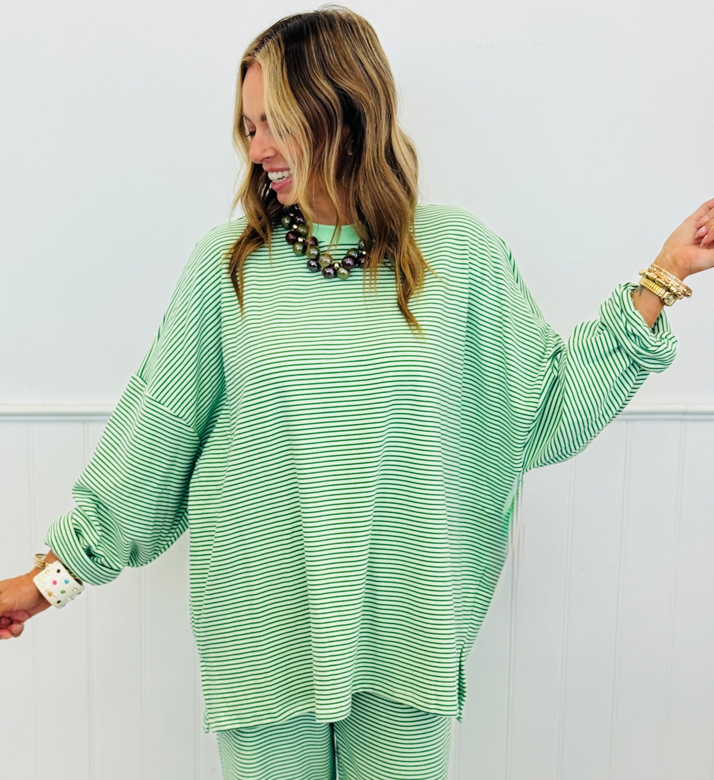 Lime Striped Oversized Fleece Sweater Top (Reg.)