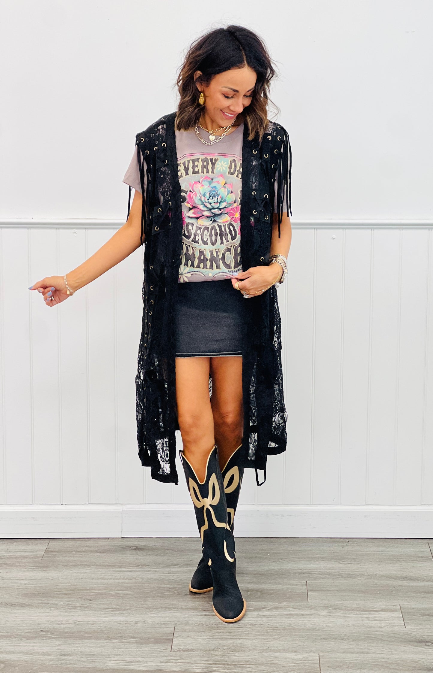 Eyelet Lace Fringe Long Vest (Reg & Plus)-2 Colors