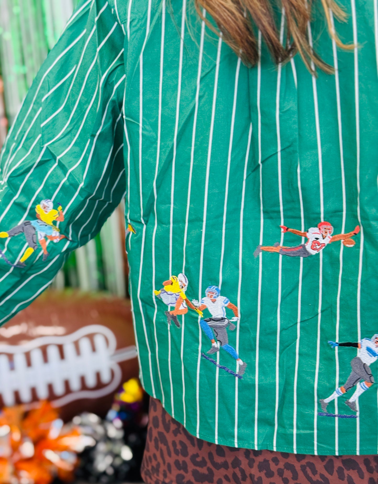 Queen Of Sparkles Green Striped Football Player Button Up Top (Reg. and Plus)